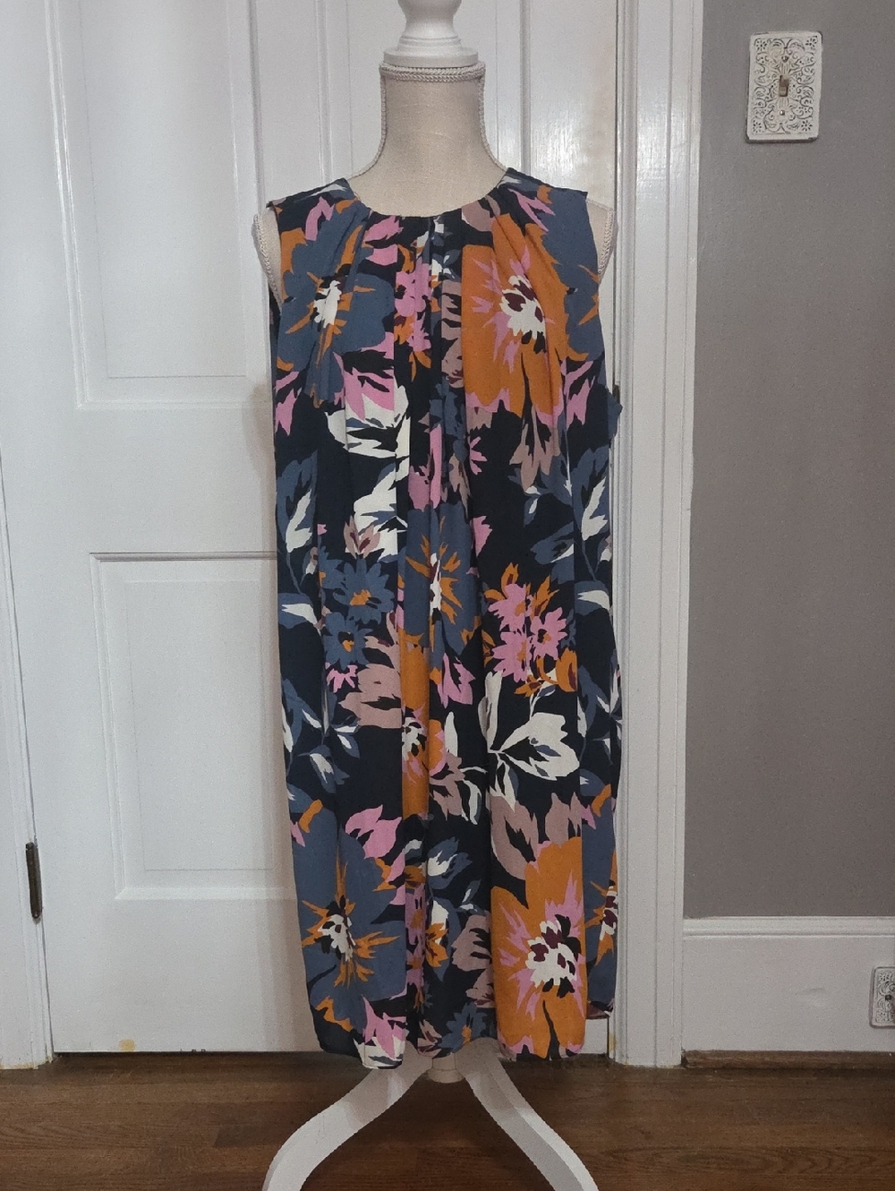 H&M Navy Floral Midi Dress with Pink & Mustard Blooms